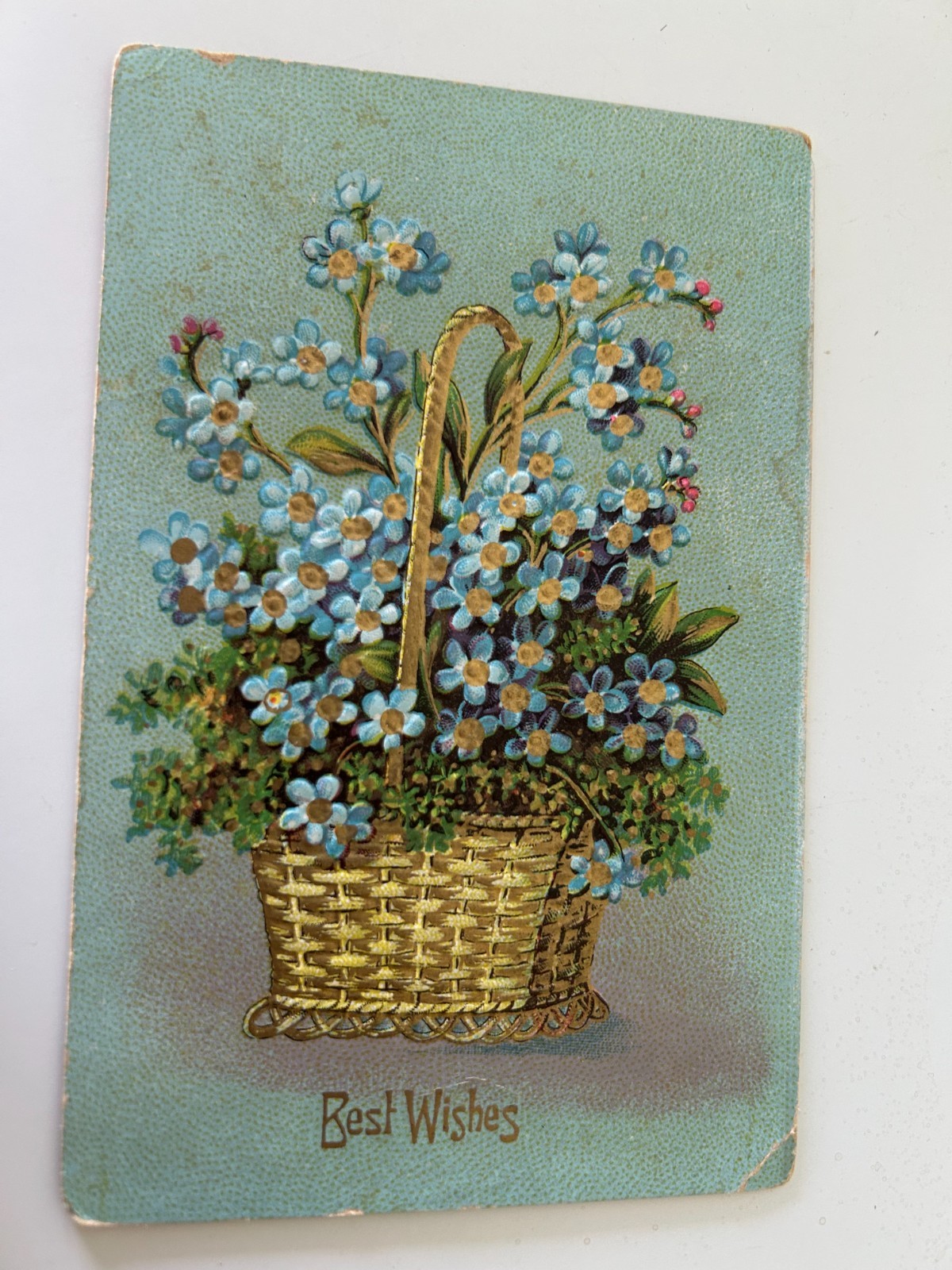 Best Wishes Basket of Blue Flowers Vintage Postcard