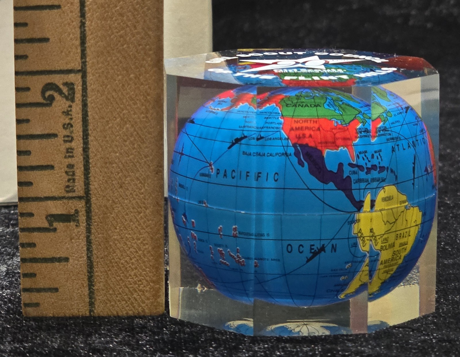 Colorful Miniature Globe Acrylic Paper Weight Girl Scout Council 90 Years 2 inch