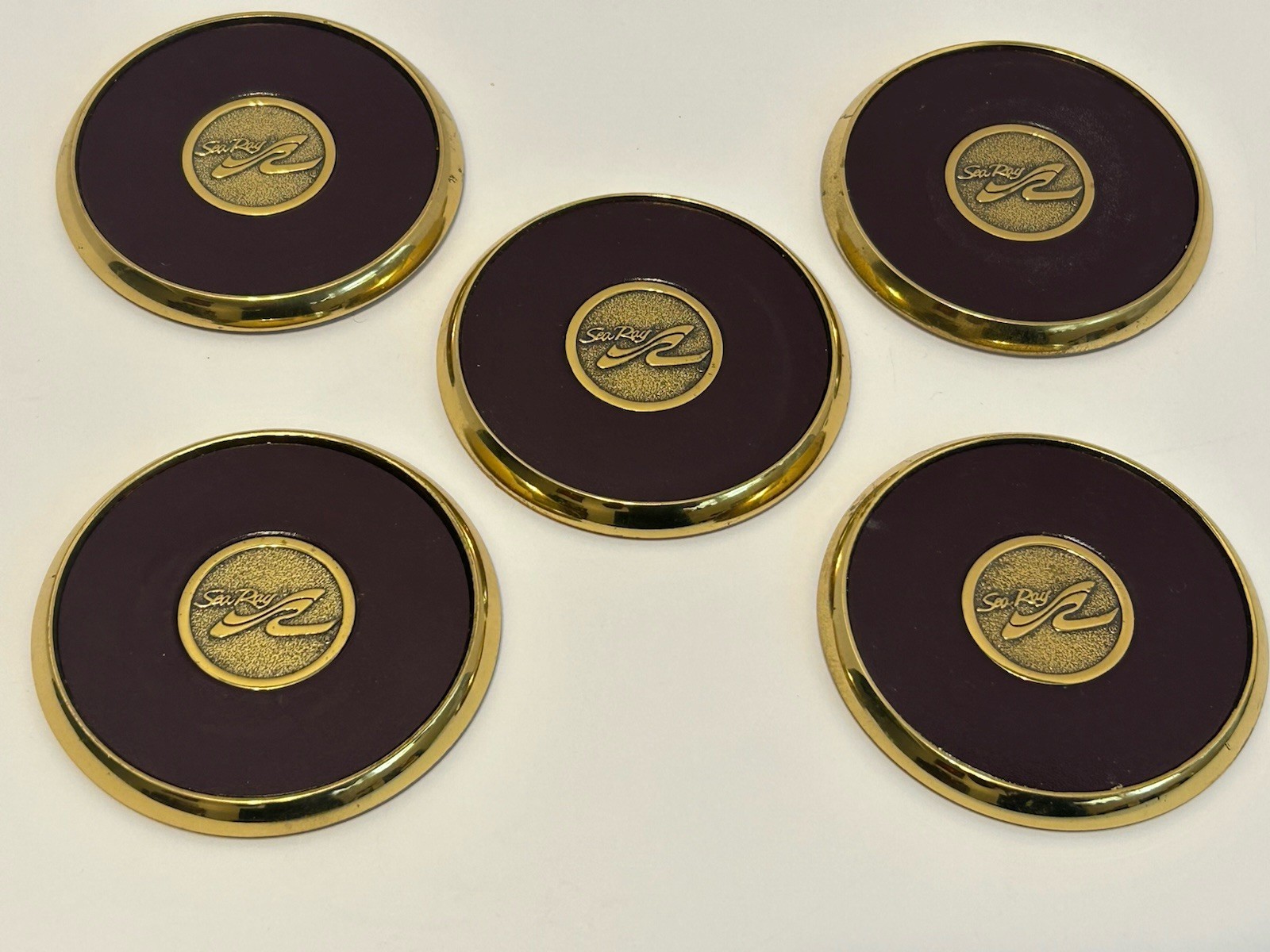 Vintage Brass And Leather Coaster SEA RAY Set Of 5 BTS GROUP USA