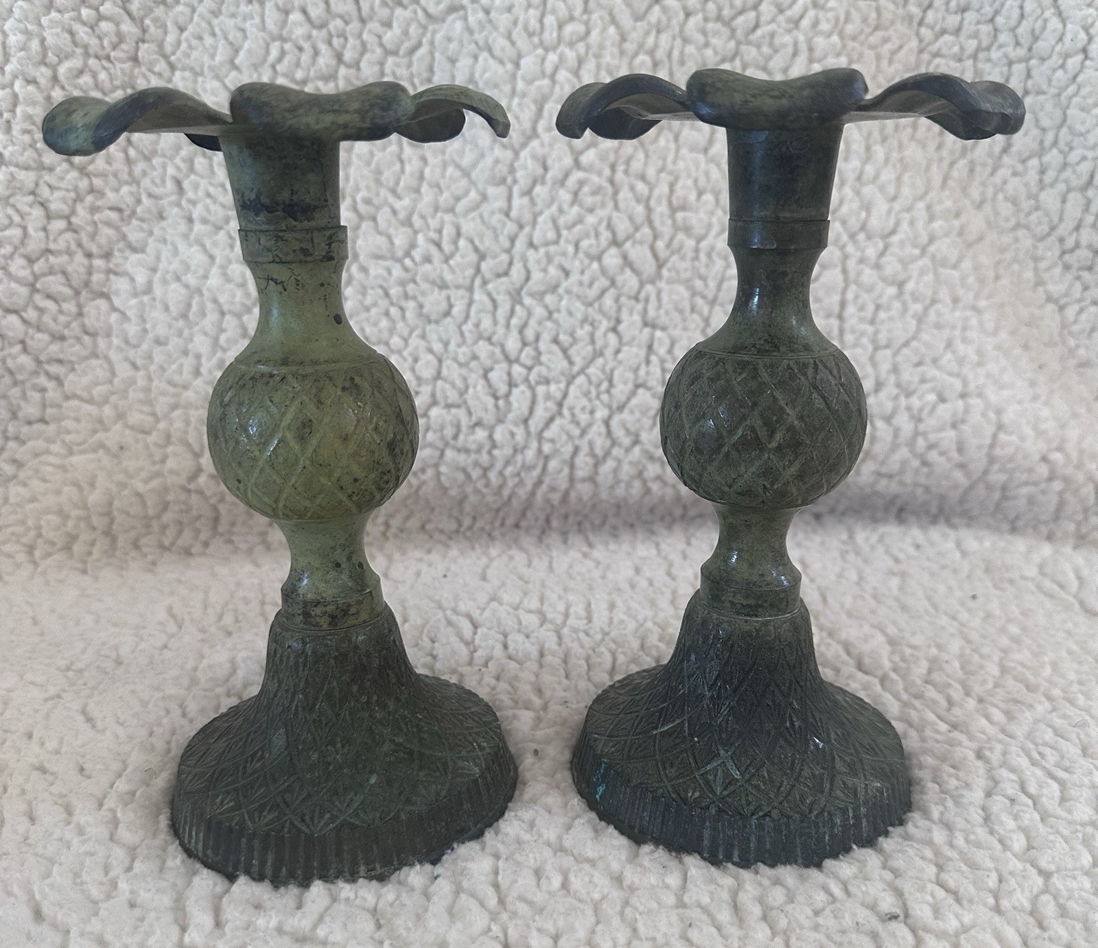 2 Vintage Boho Brass Candlestick Holders Faux Green Patina 7.5” High X 4” Wide