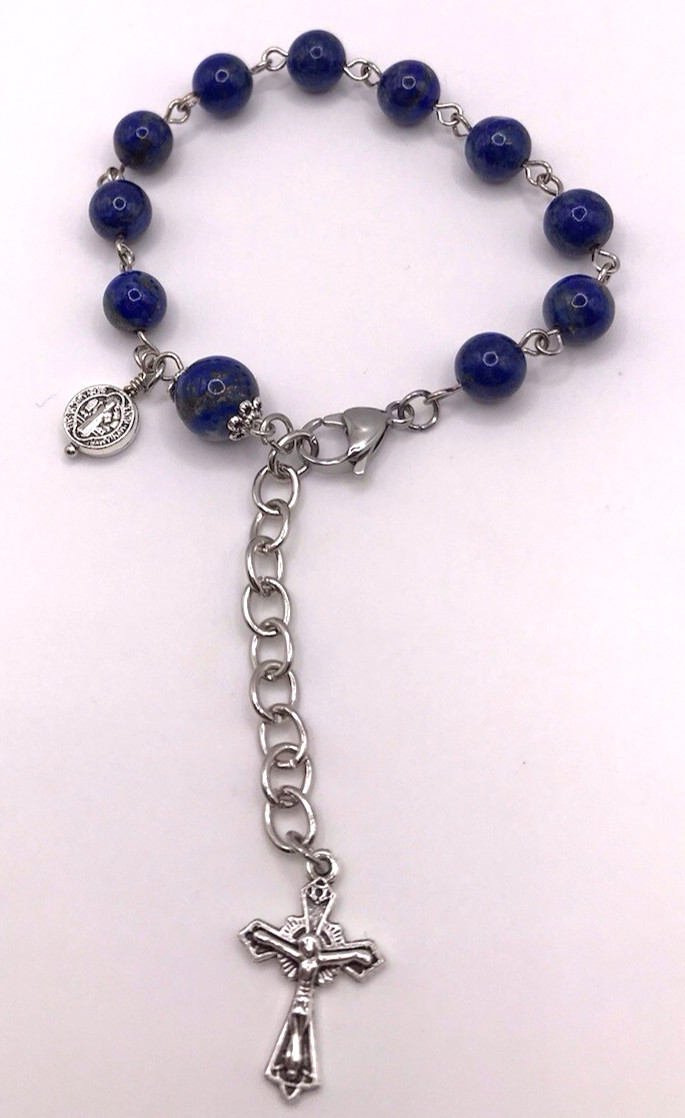 Blue Colored Lapis Lazuli Rosary Bracelet with Crucifix Silver Color & Extender