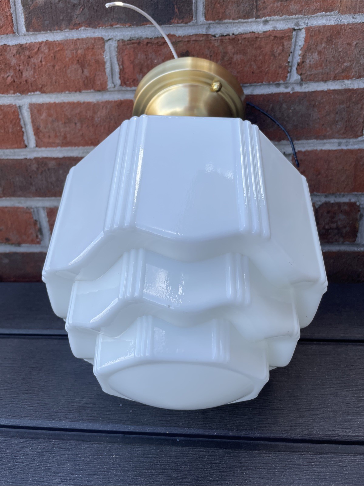 RESTORED Antique Vtg Art Deco Ceiling Light Skyscraper Schoolhouse Milk Glass 8″