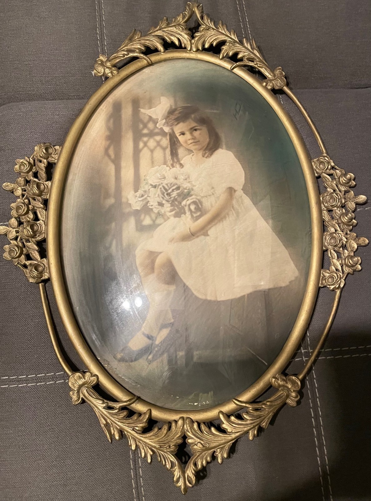 Antique Oval Bubble Glass Ornate Metal Frame Girl w/ Bow, Child Portrait Vintage