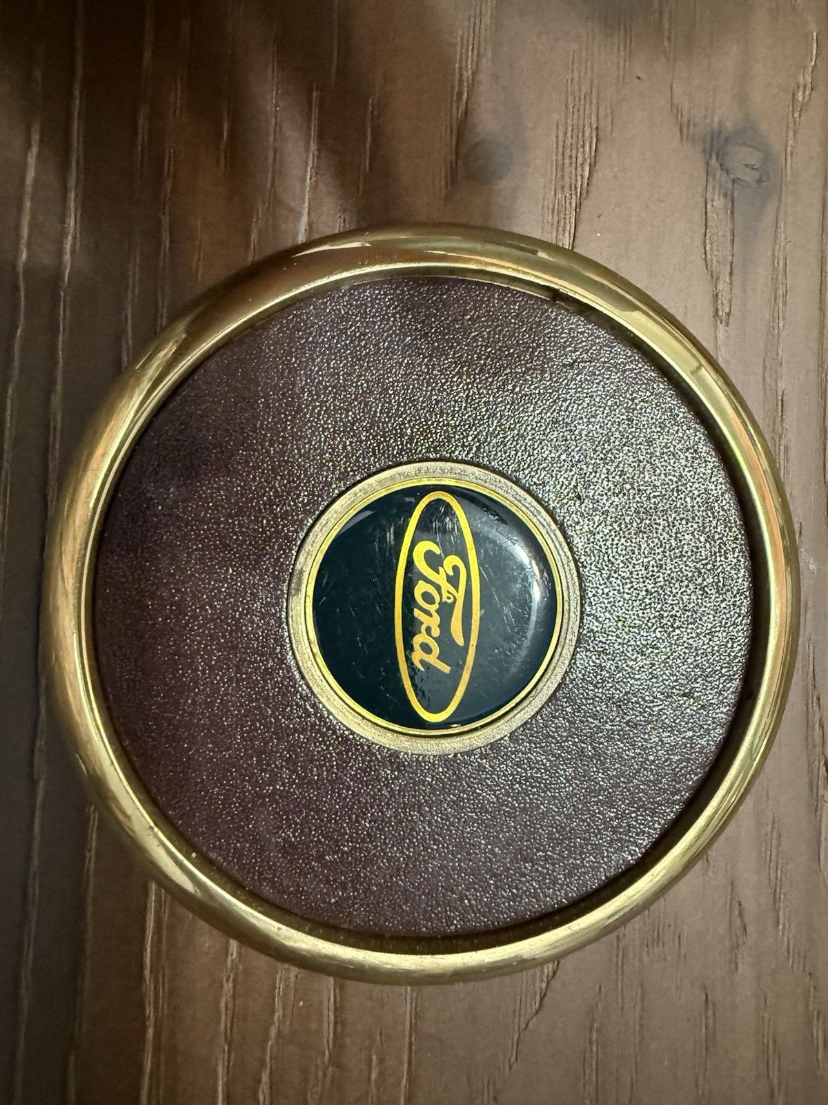Vintage “Ford” Solid Brass & Leather Coaster Set of 3 BTS 1980s