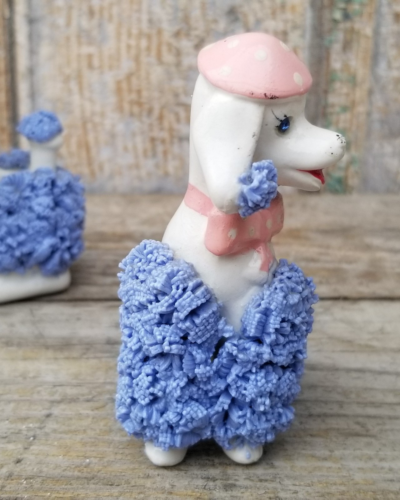 Vtg Pink & Blue Ceramic Spaghetti Poodles French Beret Artists 1950s MCM Kreiss