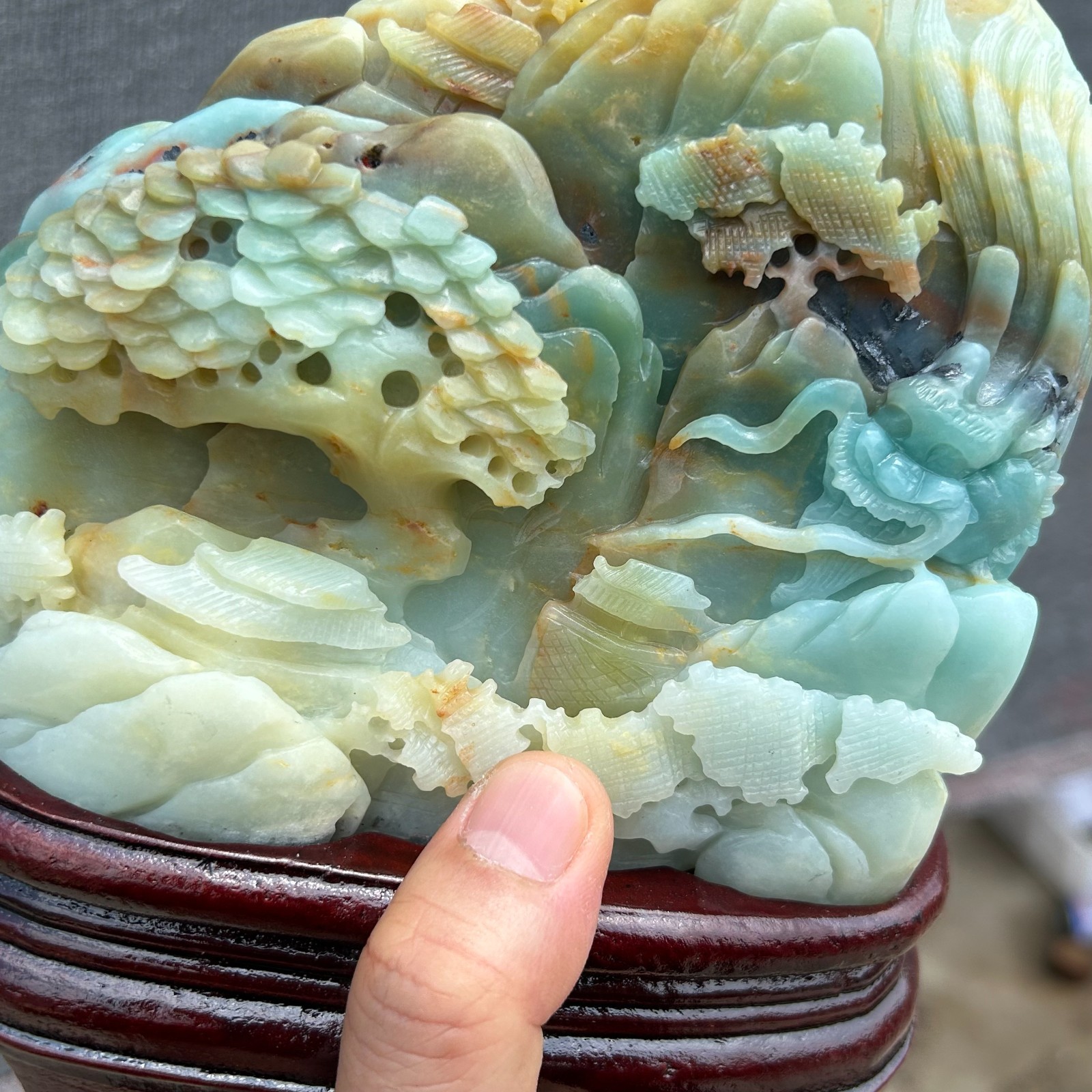 3.4LB Natural Amazonite Quartz Crystal Hand-Carved Mountain Scenery Sculpture
