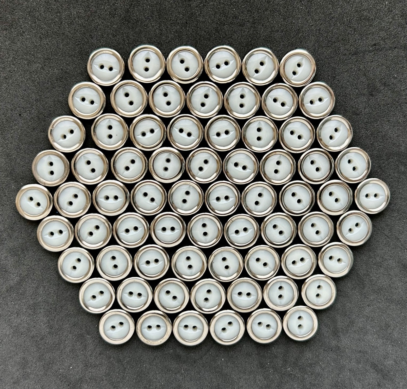 VINTAGE LOT MATCHING SET 70 WHITE PLASTIC METAL BEZEL RIMMED 2-HOLE BUTTONS