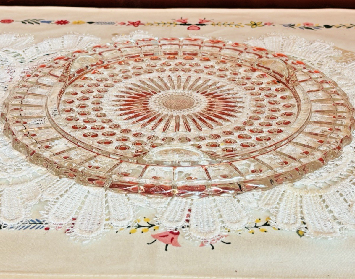 Federal Glass 2889 Dots Panels Sunburst Clear Footed Cake Plate 11⅜”