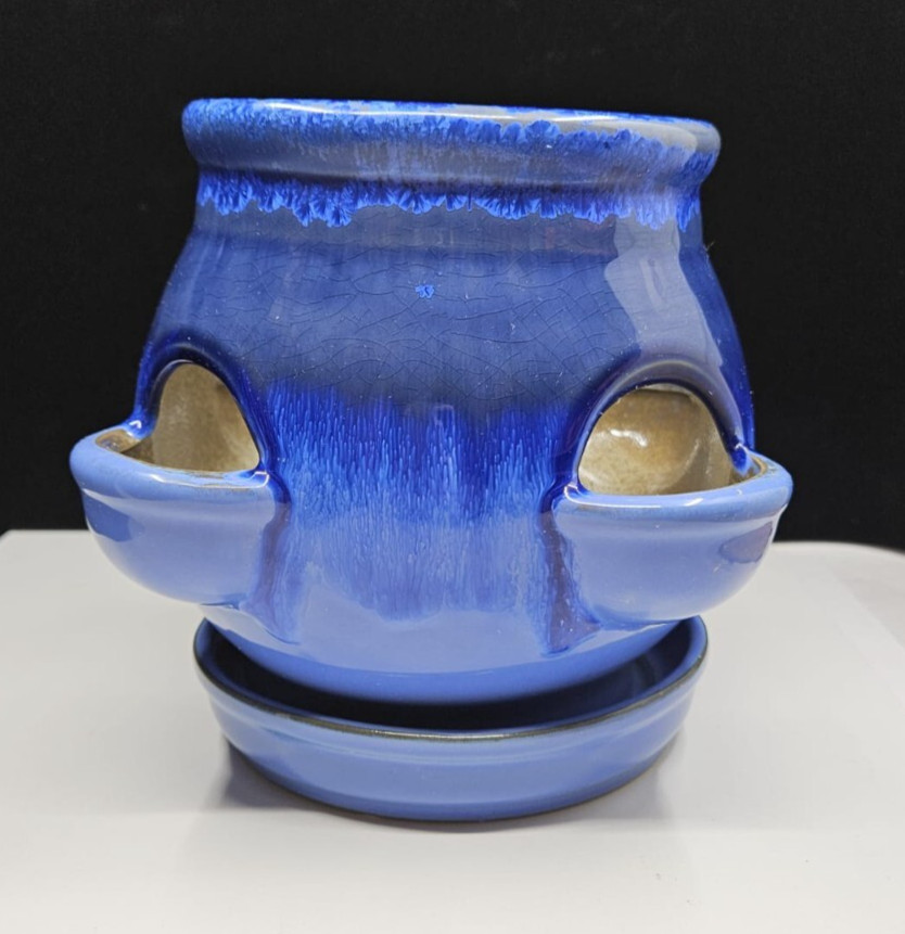 Vintage Blue Ceramic Herb & Flower Planter – Slotted with 4 Ports – NEW