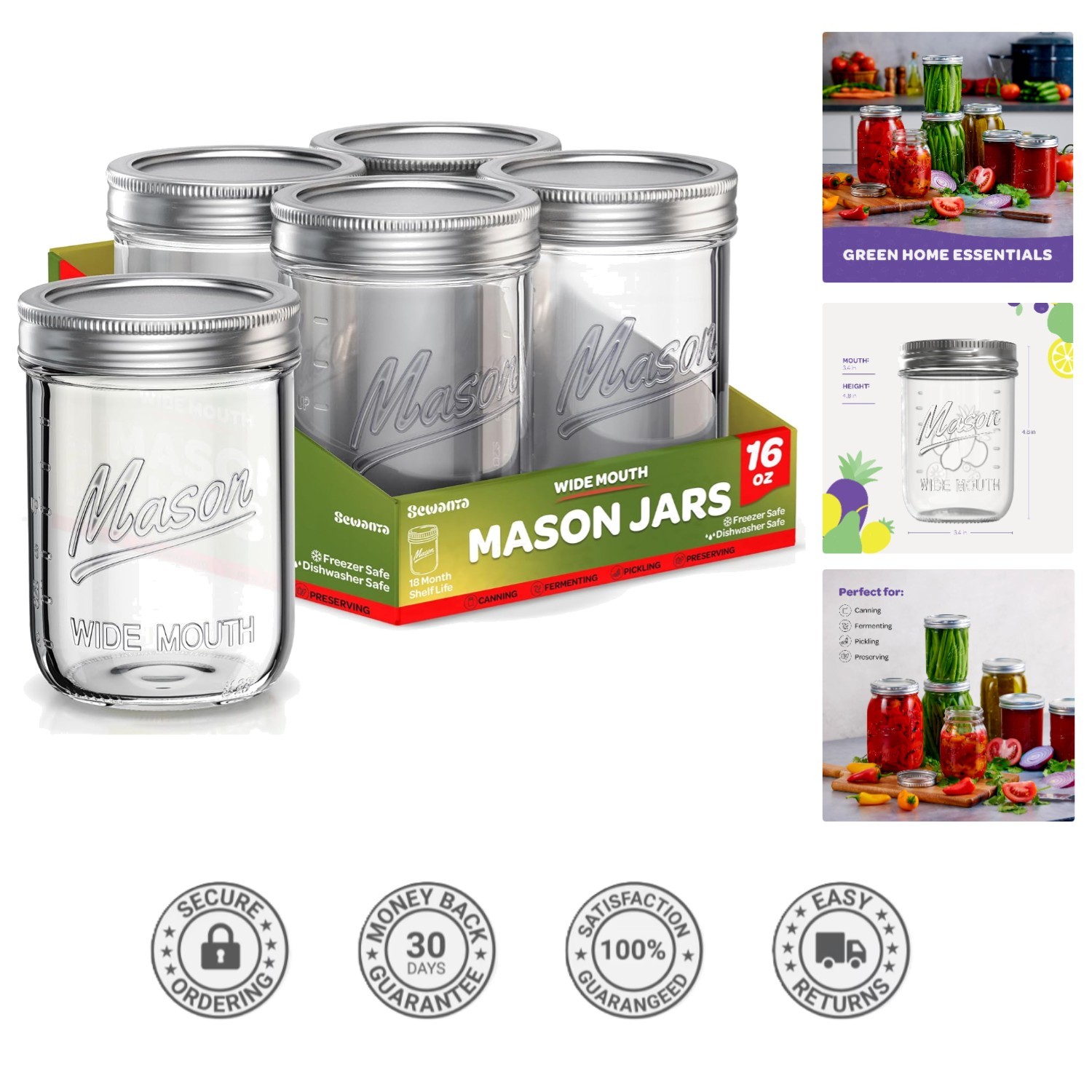 5-Pack 16 oz Clear Mason Jars with Airtight Lids – Perfect for Food Preservation