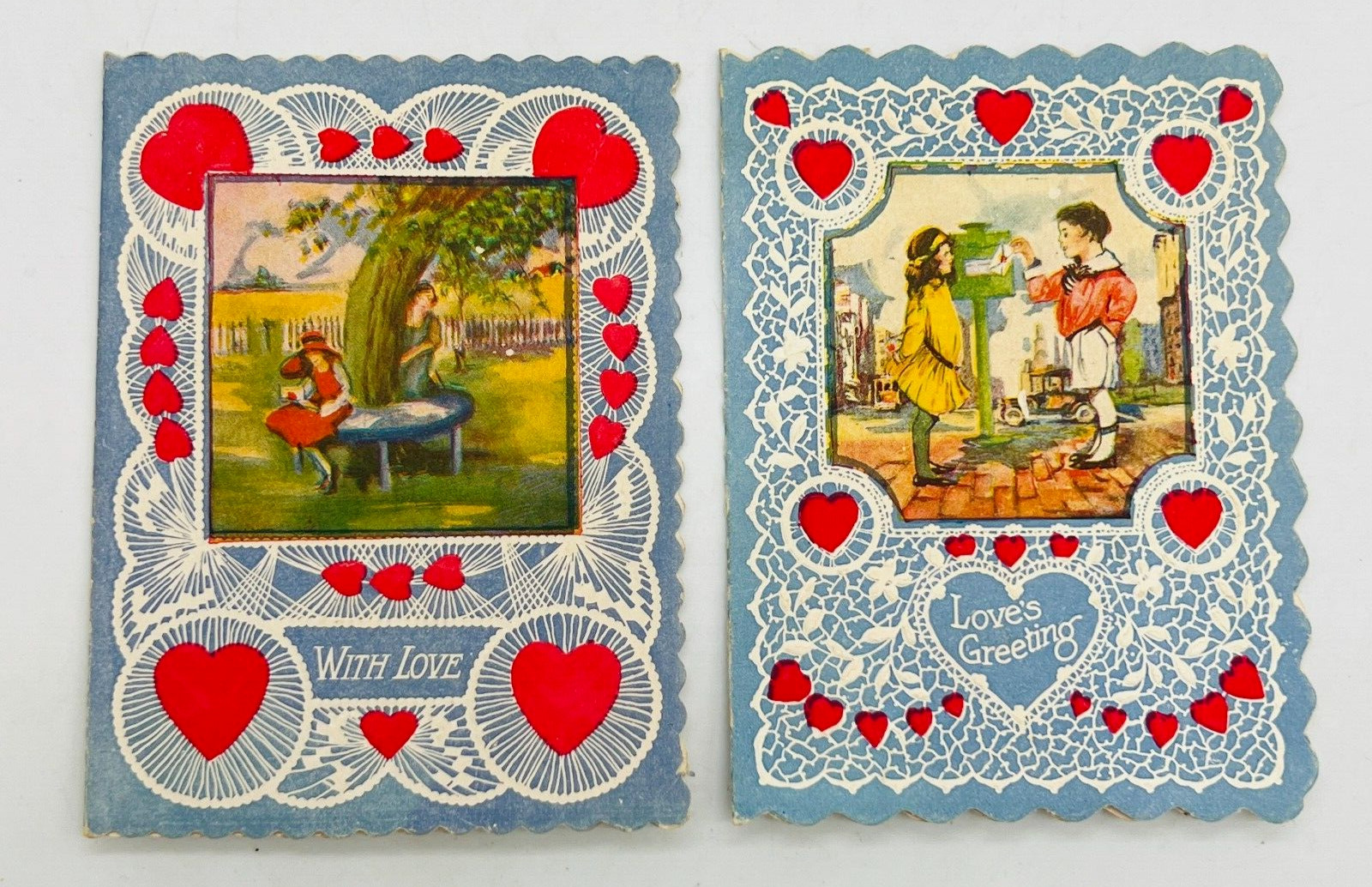 Antique Die Cut Victorian Children LOT of 2 Valentine Card Blue Folding Hearts