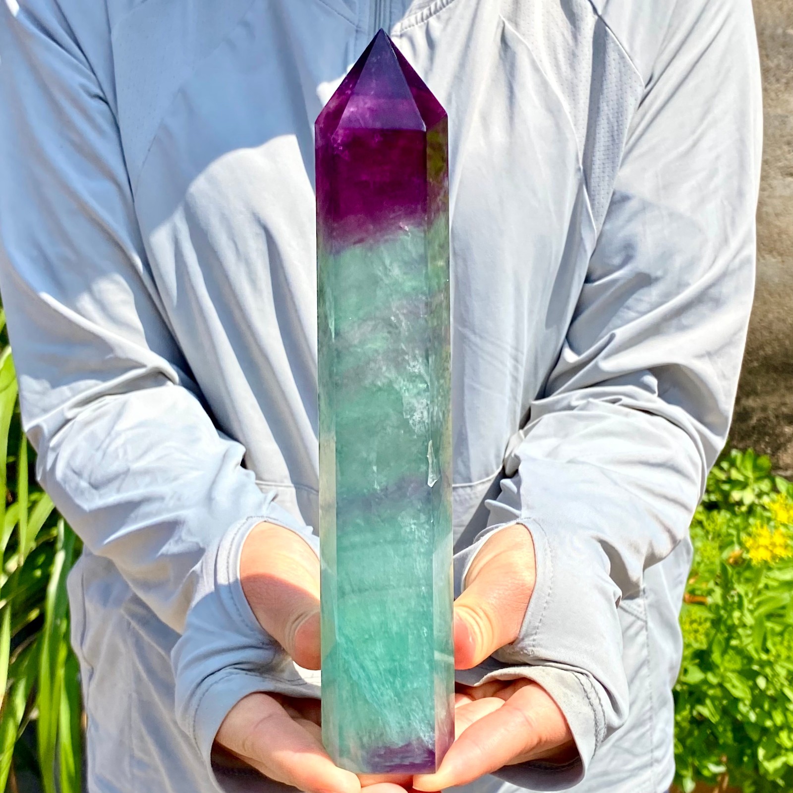1.8LB Natural Rainbow Fluorite Obelisk Quartz Crystal Wand Tower Point Healing