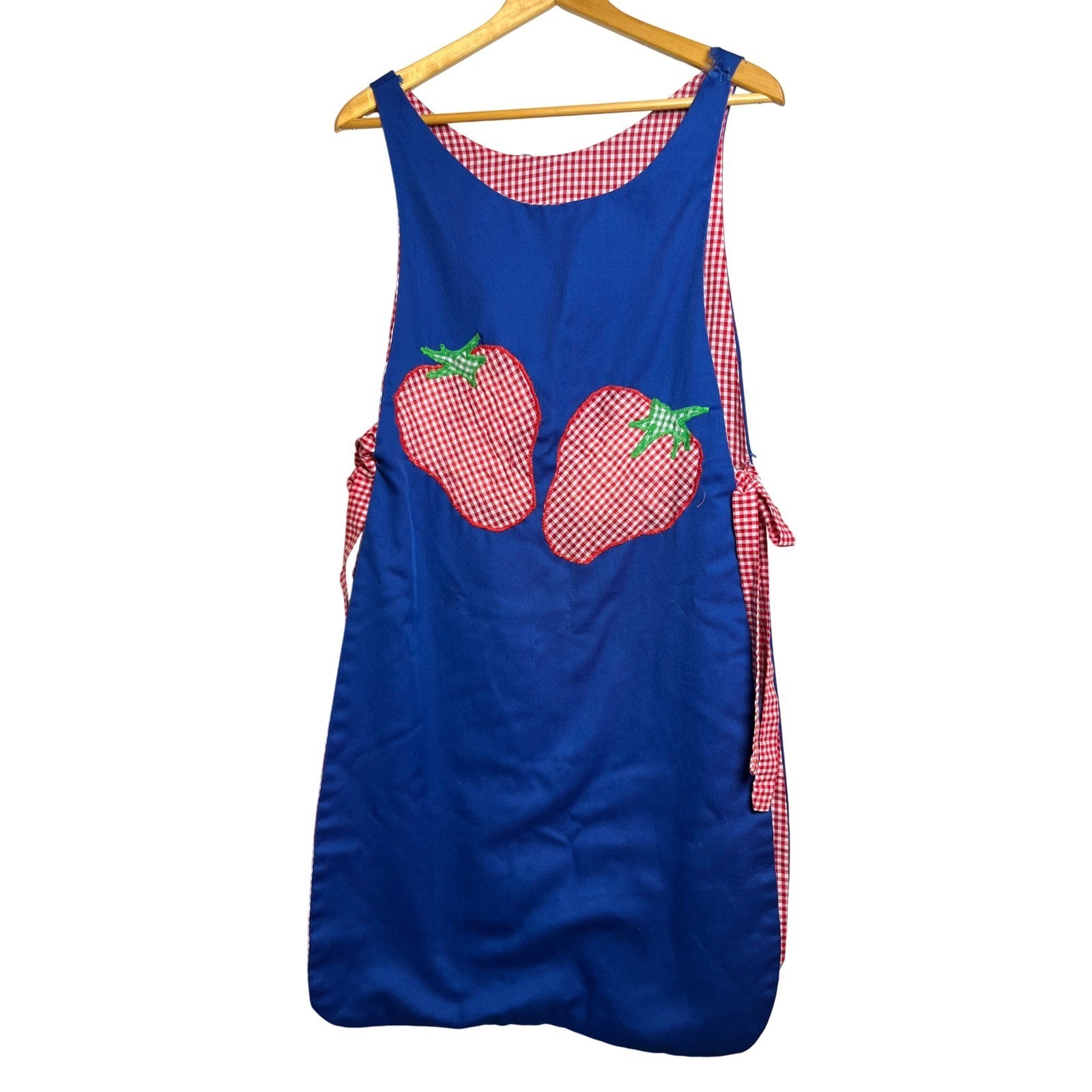 Vintage Handmade Reversible Apron Blue Strawberry Gingham Red Check Pinafore