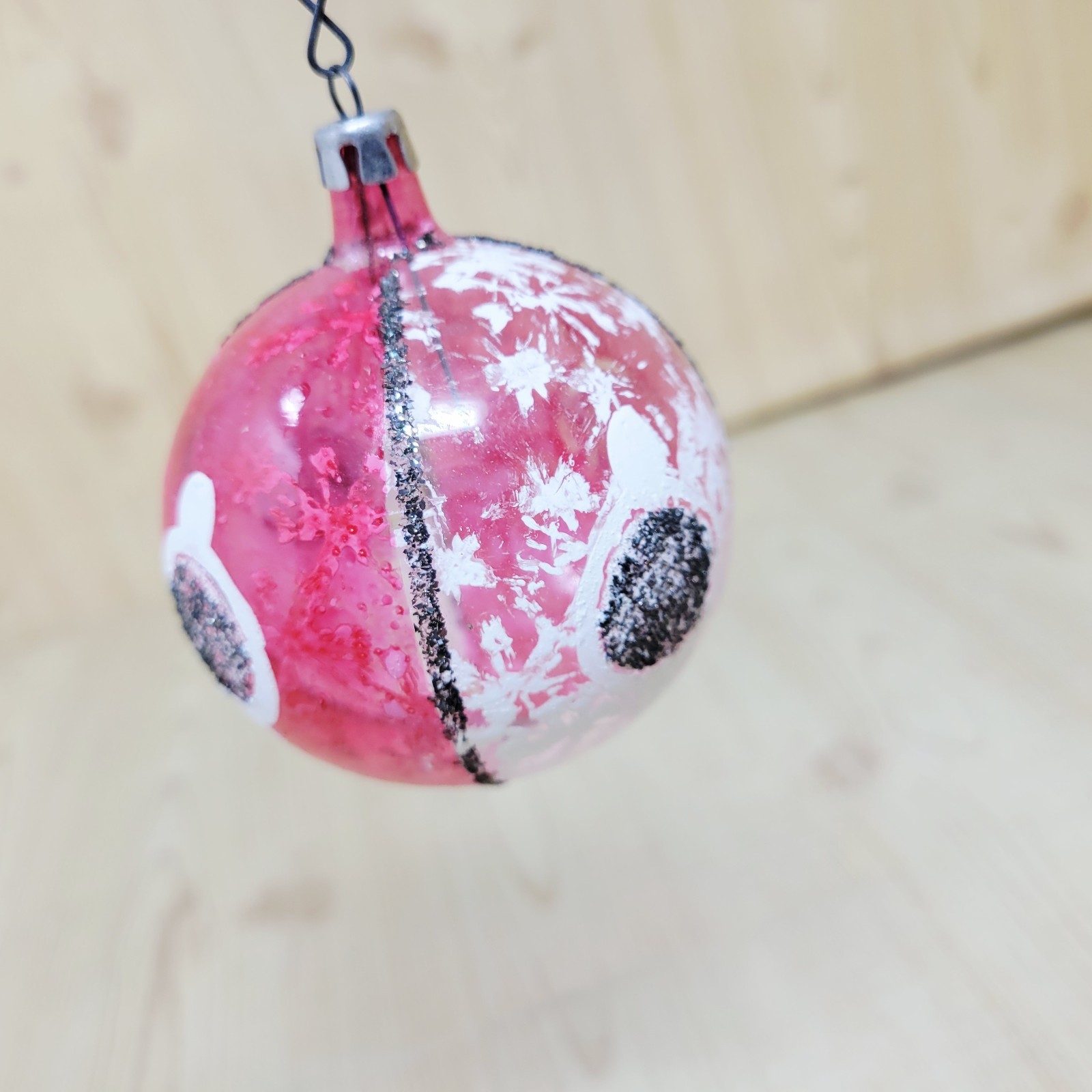 VTG Unsilvered Glass Glitter Pictured DOTS BALL Christmas Ornament Poland Pink
