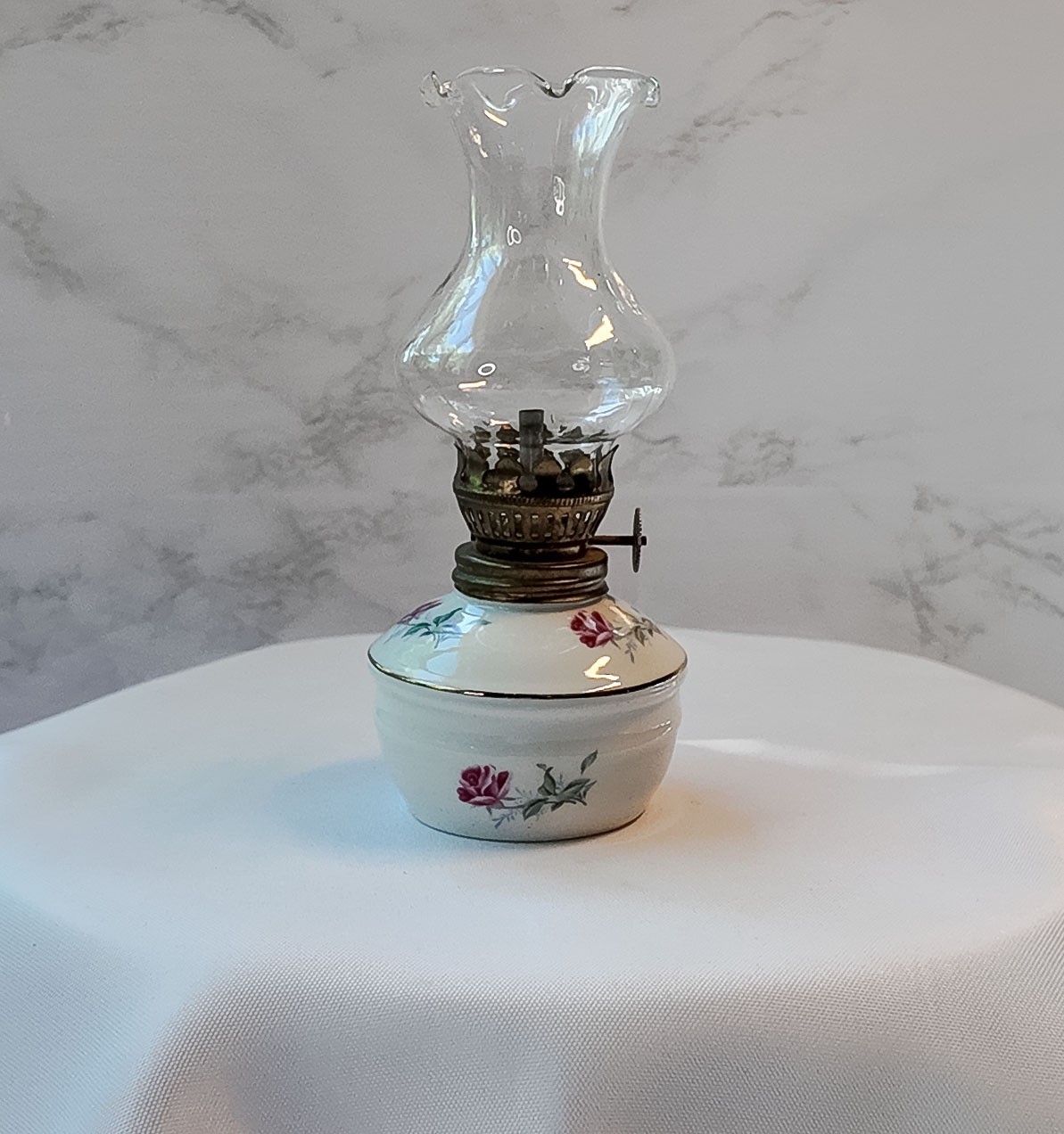 Vintage Miniature Oil Lamp Round Porcelain Font Pink Roses Glass Chimney 7 in