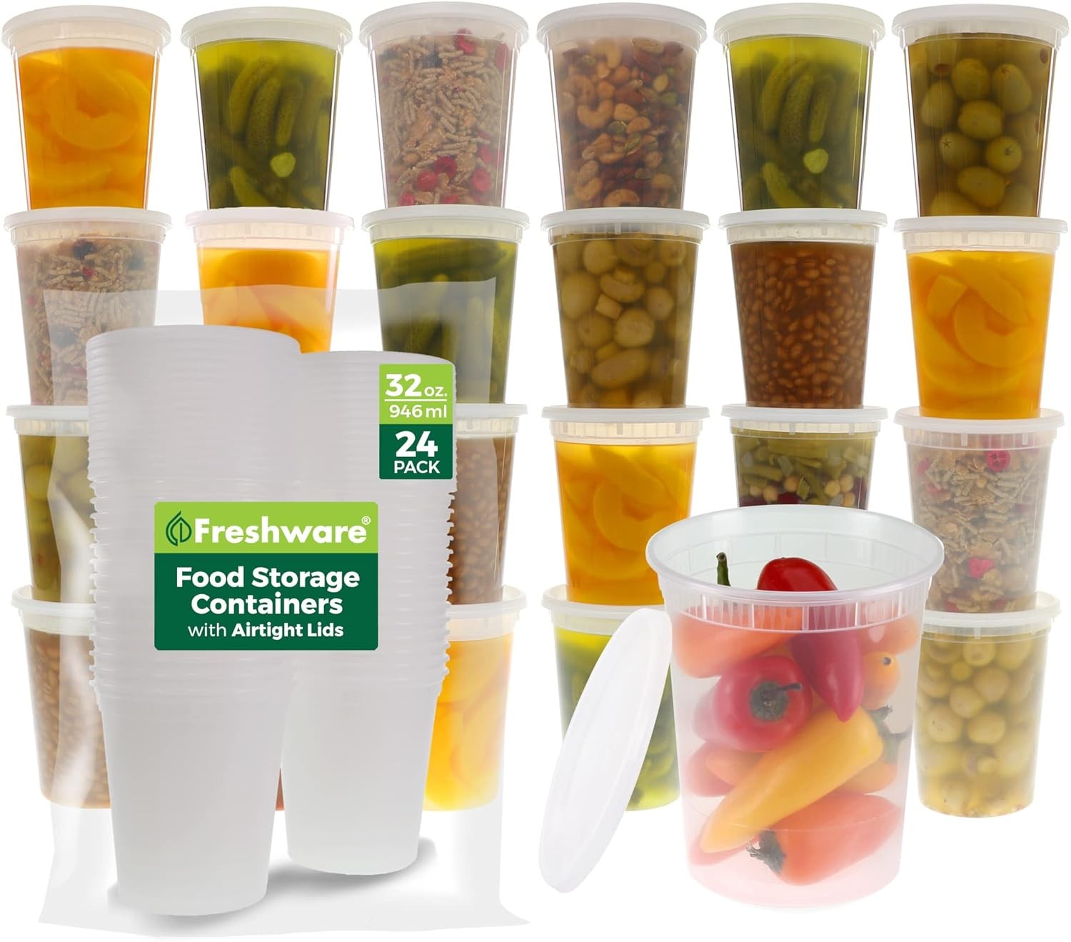 24 Pack 32 oz Plastic Food Storage Containers with Lids BPA Free
