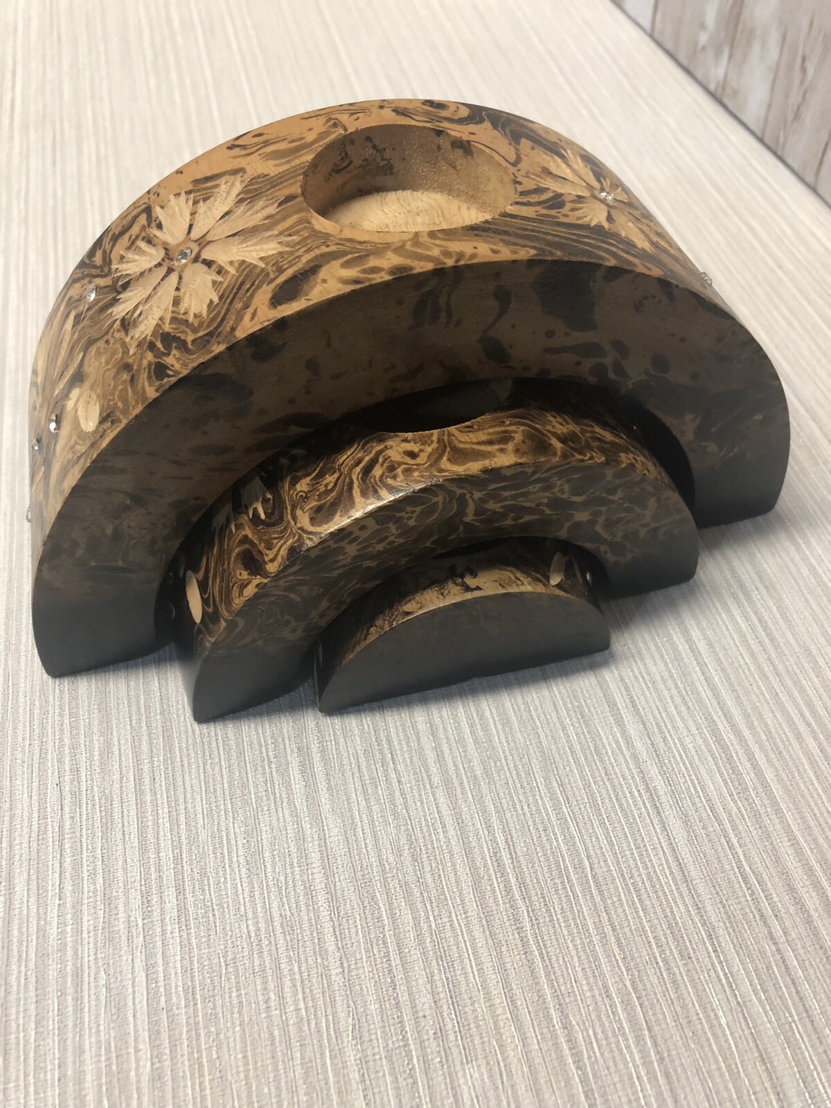 Wooden Jamaica Nesting Candle Holder Set Of 3 Carved Floral Tiered FREE SHIP