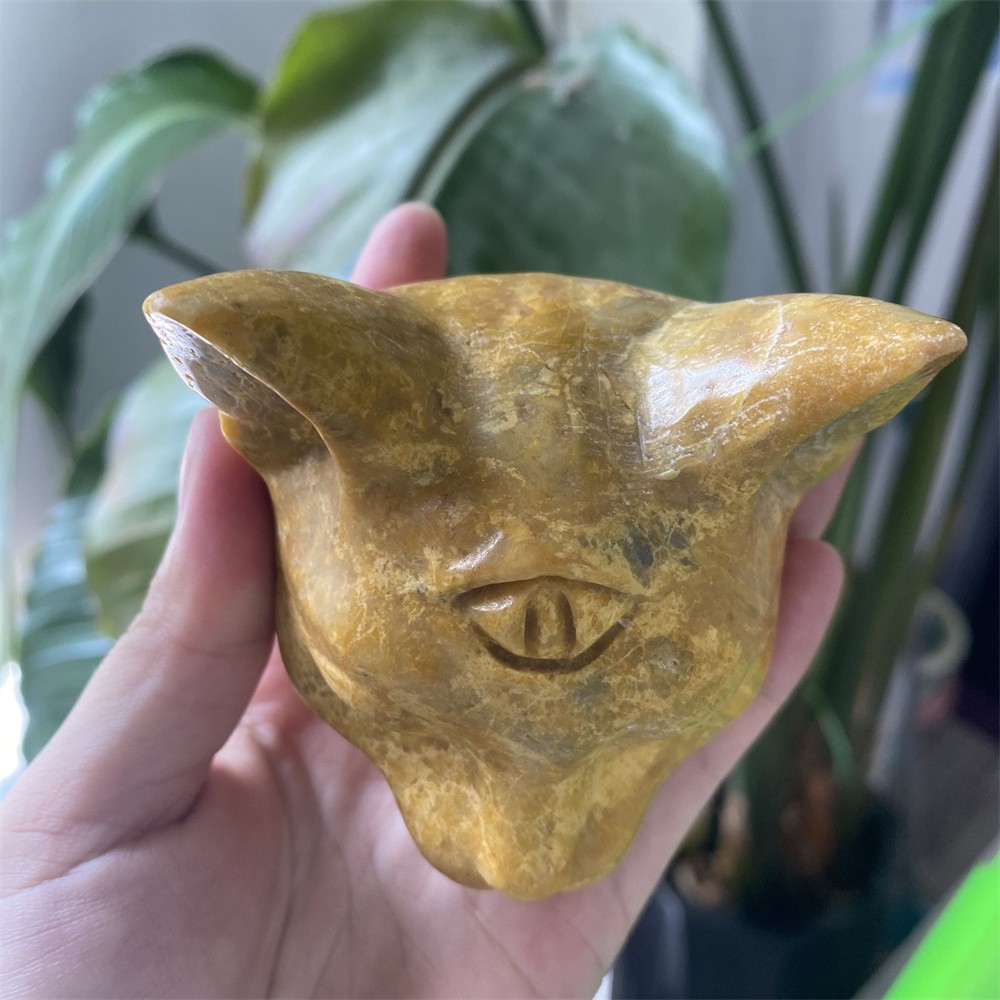 0.9LB 2.9″Natural Yellow Jade Three Eyed Cat Statue Crystal Reiki Carving Decor