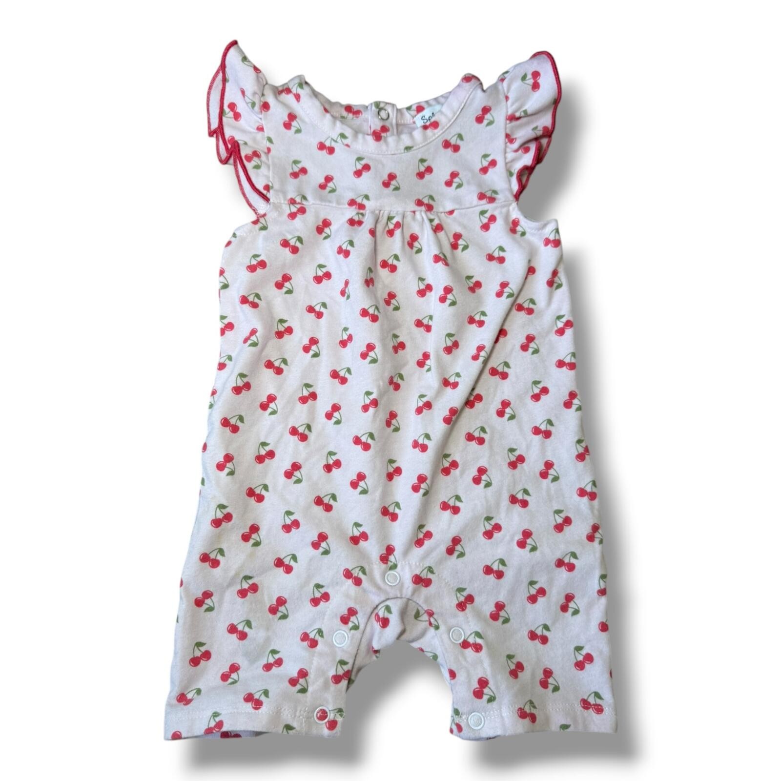 Splendid Cherry One Piece Red Ruffle Cotton Blend 3/6 Months Girls Snaps EUC