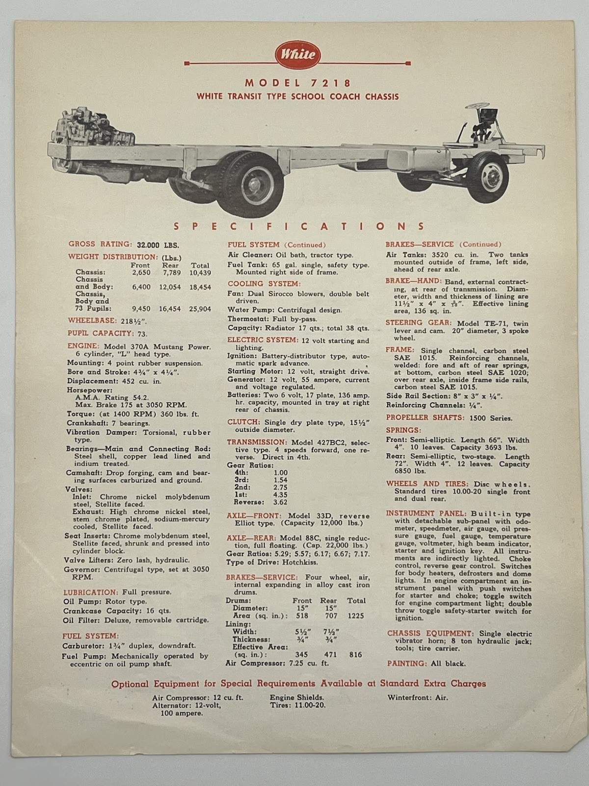 1954 WHITE MOTOR COMPANY MODEL 7218 School Coach Chassis SPECIFICATIONS Brochure