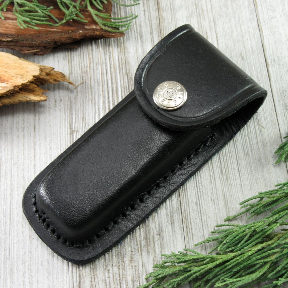 FOLDING POCKET KNIFE SHEATH | 4″ Black Genuine Leather Belt Loop Case