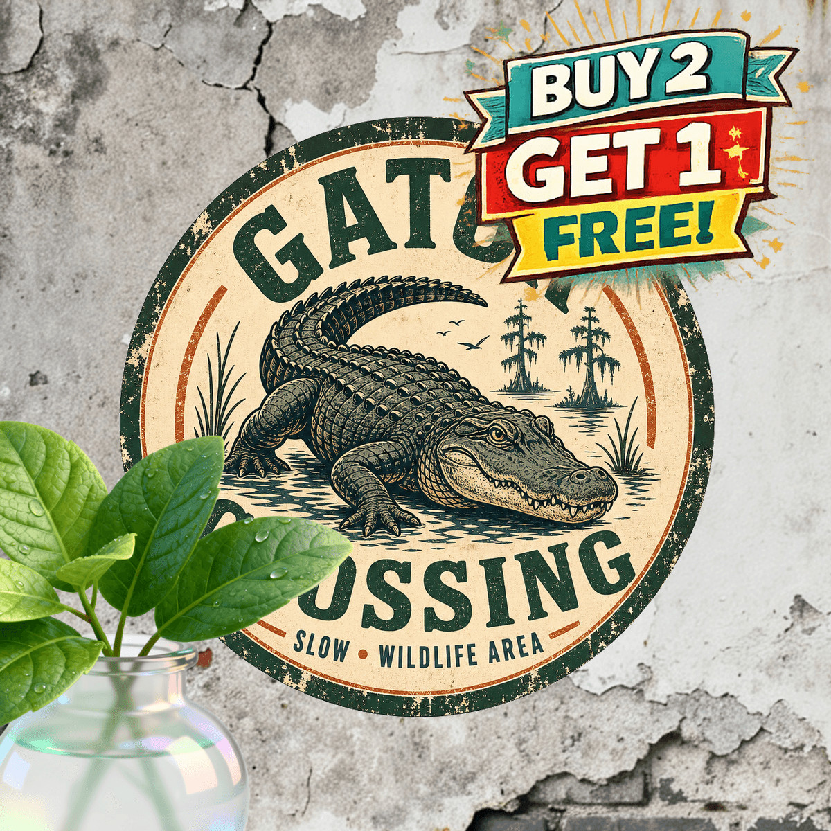 Gator Crossing Warning Sign Weatherproof Metal Tin Sign Round Outdoor Decor