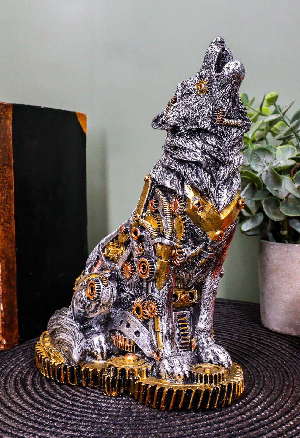 Ebros Steampunk Silver Alpha Wolf Howling Statue with Gears Base 7.5″H Figurine