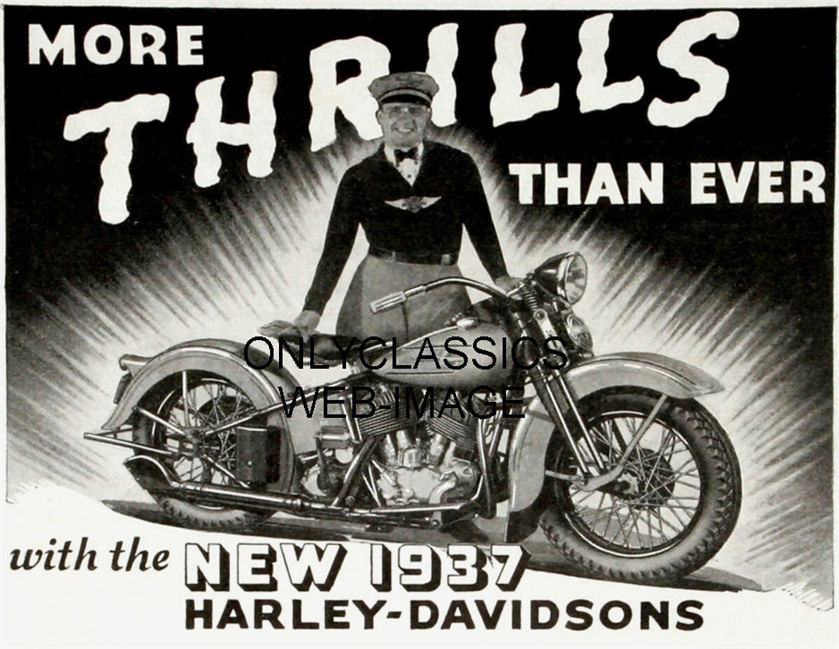 1937 HARLEY DAVIDSON MOTORCYCLE NEW MODELS VINTAGE MORE THRILLS AD 8.5×11 POSTER