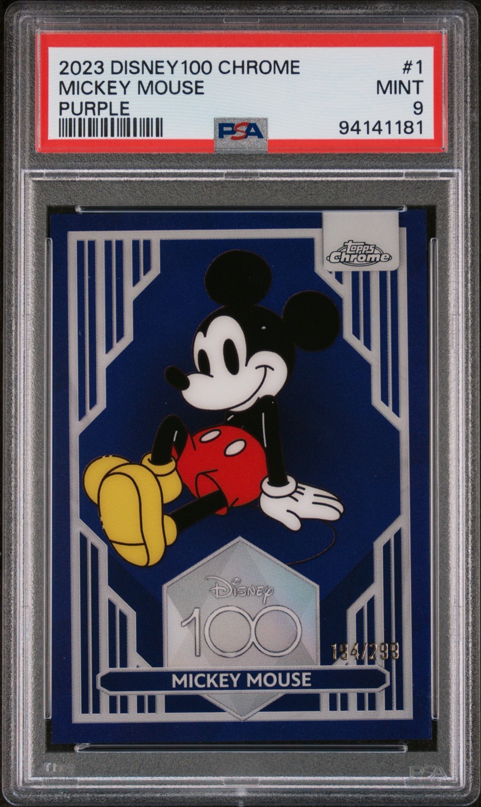 Mickey Mouse 💥🐭 PSA MINT 9 BASE PURPLE /399! #1! 2023 Topps Chrome Disney 100