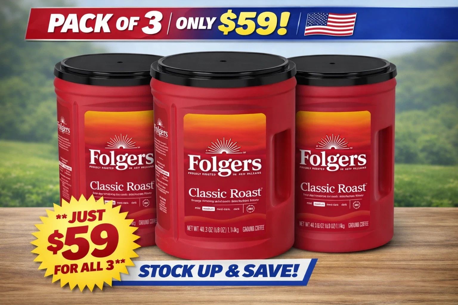 3 Pack Folgers Classic Roast Ground Coffee, Medium Roast, 40.3 oz Canister, NEW