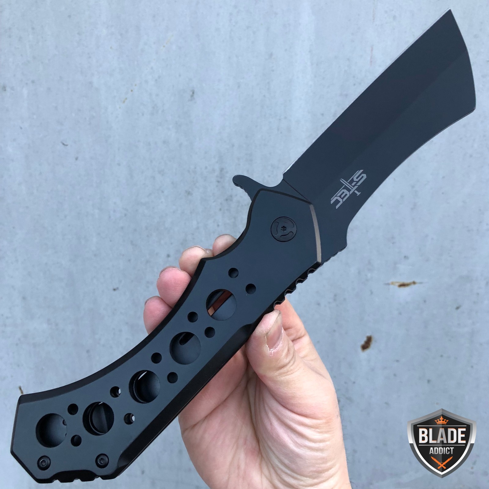 12″ GIANT TACTICAL Assisted Open Pocket Knife CLEAVER RAZOR FOLDING Blade BLACK