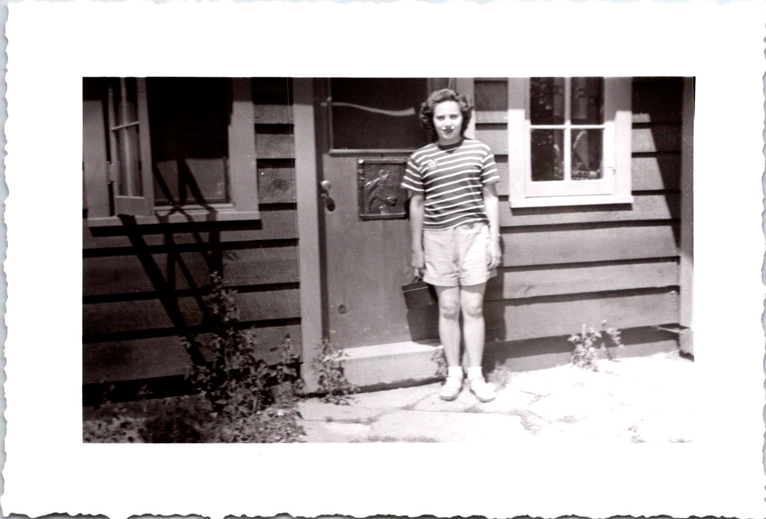 Young Woman at Cabin, 1950s Vintage B&W Photo Snapshot