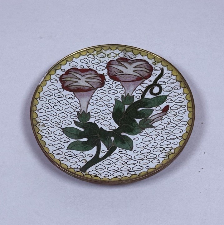 Antique 1940s Cloisonne Tray Trinket Dish Thick Brass Trumpet Flowers Art 20