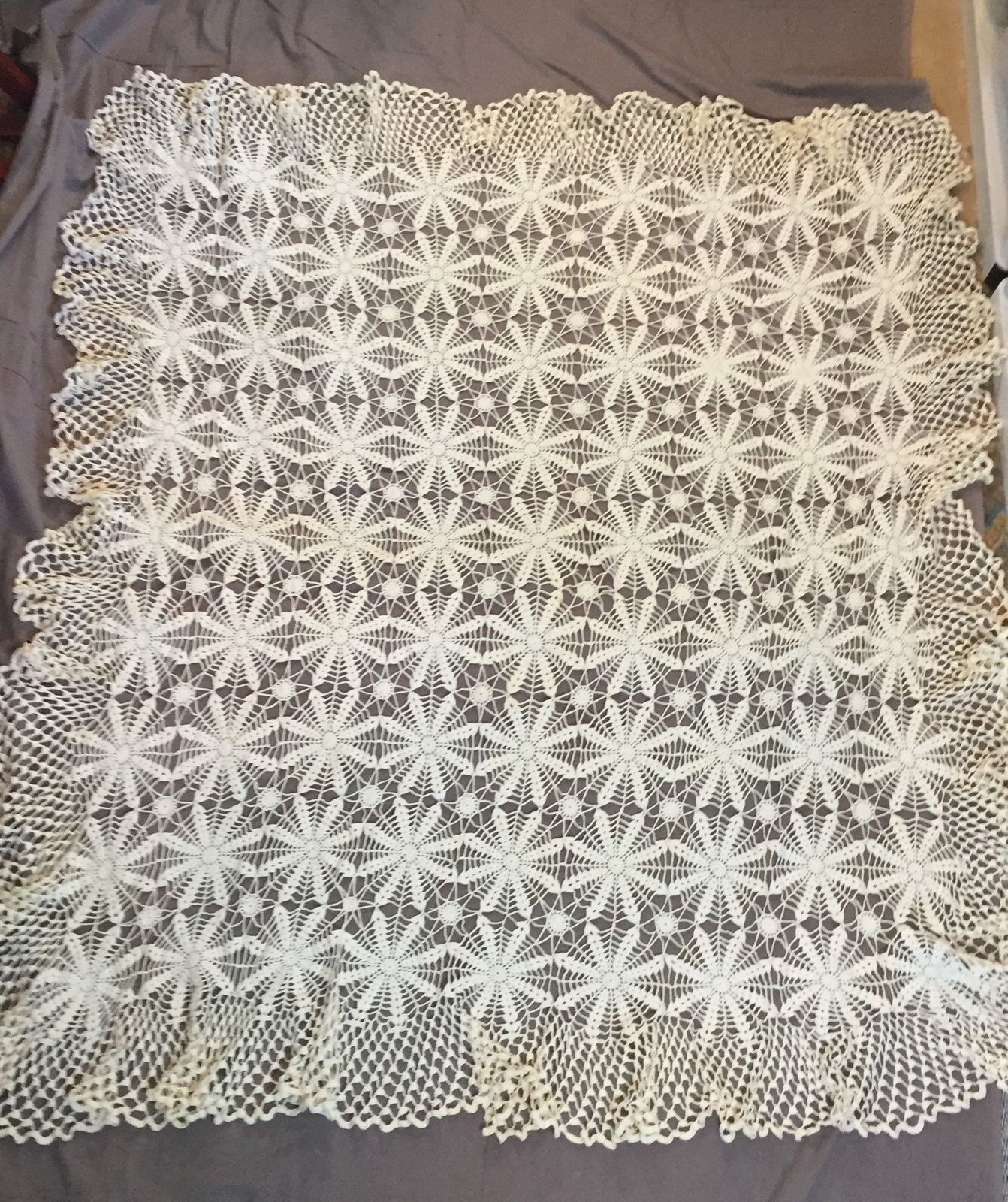 VTG Handmade Square Ivory Crochet Tablecloth 62″Suare Farmhouse Cottage Core