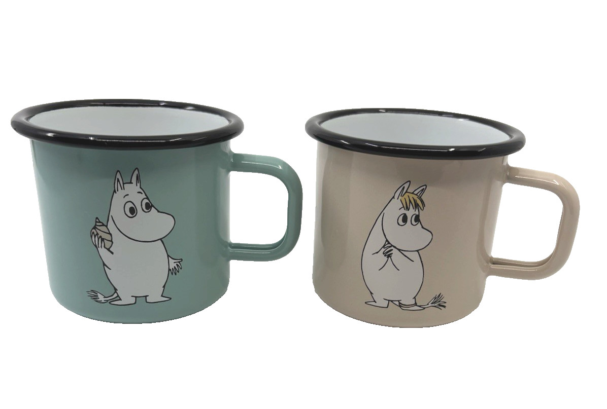Set of 2 Muurla Moomin Enamel Metal Mug Cup Blue Moomintroll Pink Snorkmaiden 3”