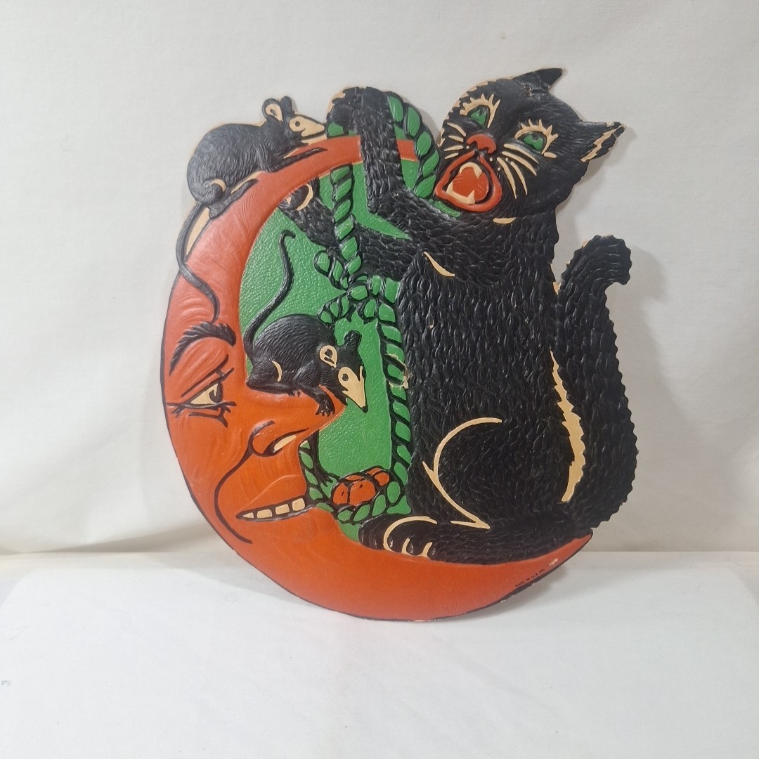 1930’s Beistle Halloween Black Cat On Moon With Mice Die Cut Decoration