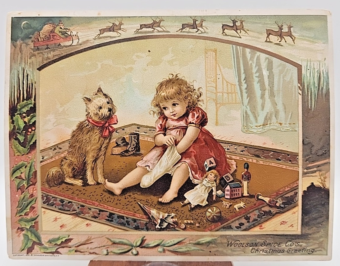 Woolson Spice Co’s Christmas Greeting Lion Coffee Girl and Dog with Stocking X3