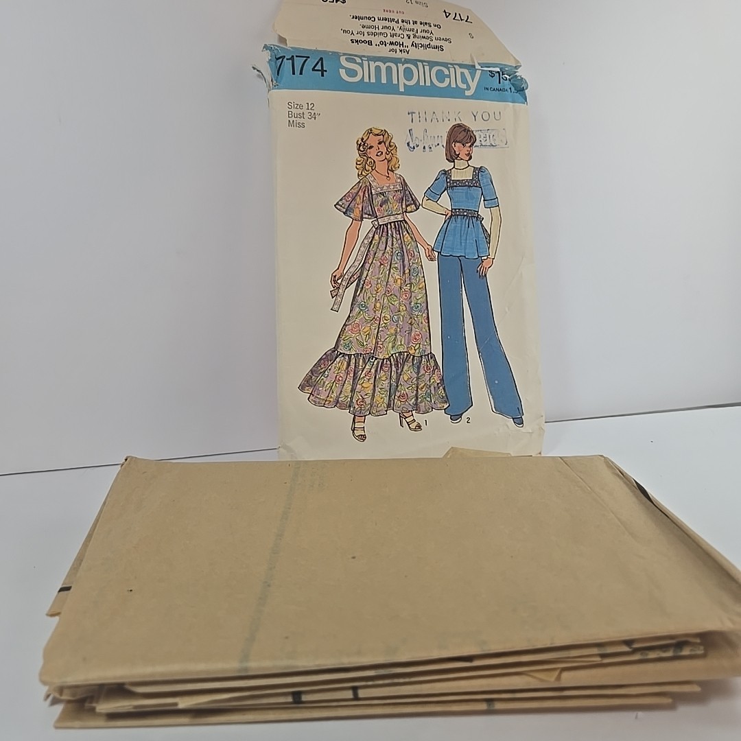 70’s Simplicity 7174 Misses’ Peasant Maxi Dress Top Boho – Size 12 UNCUT -READ