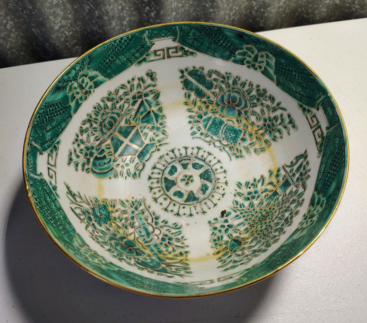 3 Bowl Set ~ VINTAGE CHINESE “Fitzhugh” GREEN WHITE BLACK W GOLD TRIM PORCELAIN