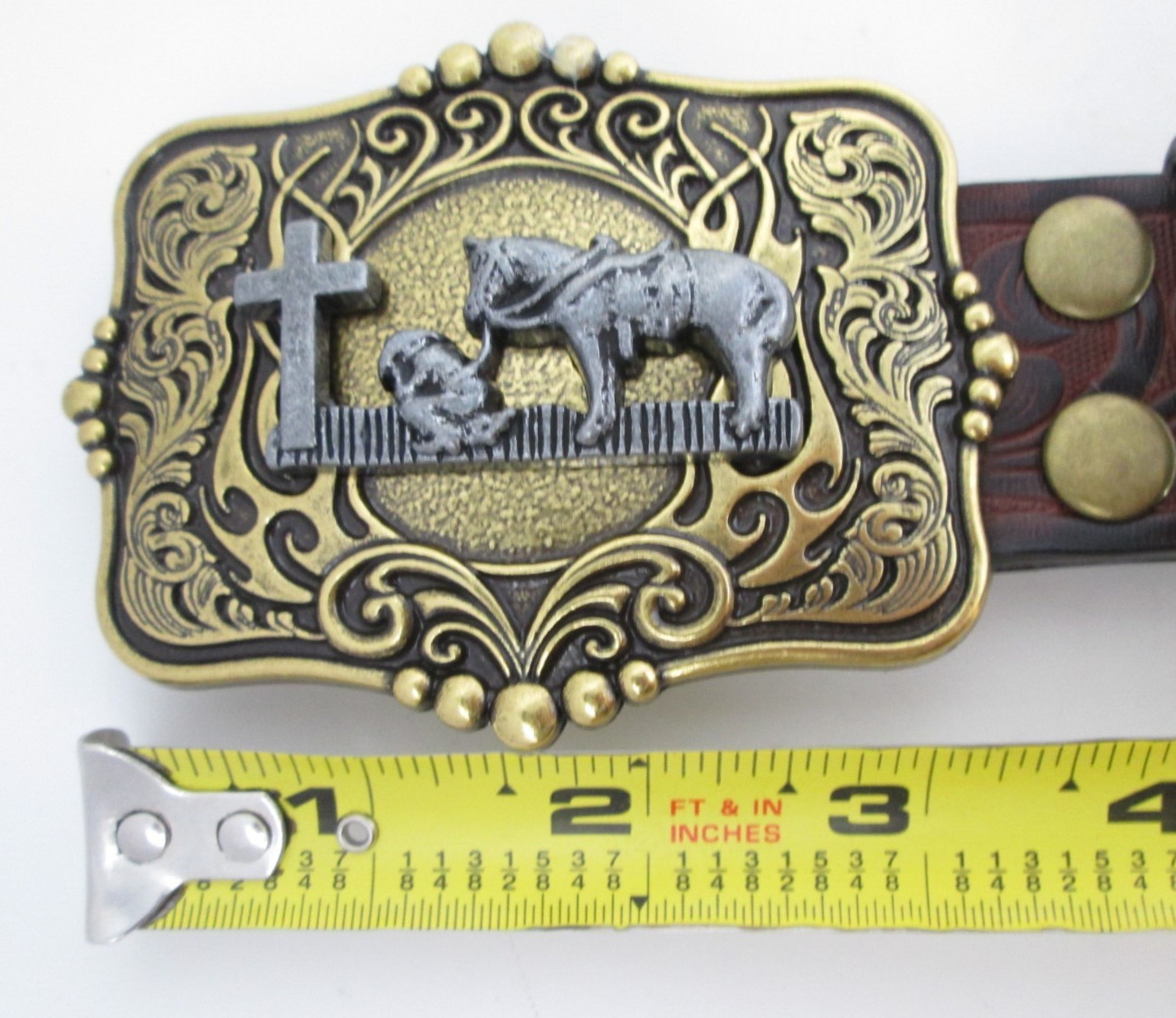 Western Cowboy Leather Tooled Belt Goldtone Buckle Horse Cross Christian Country