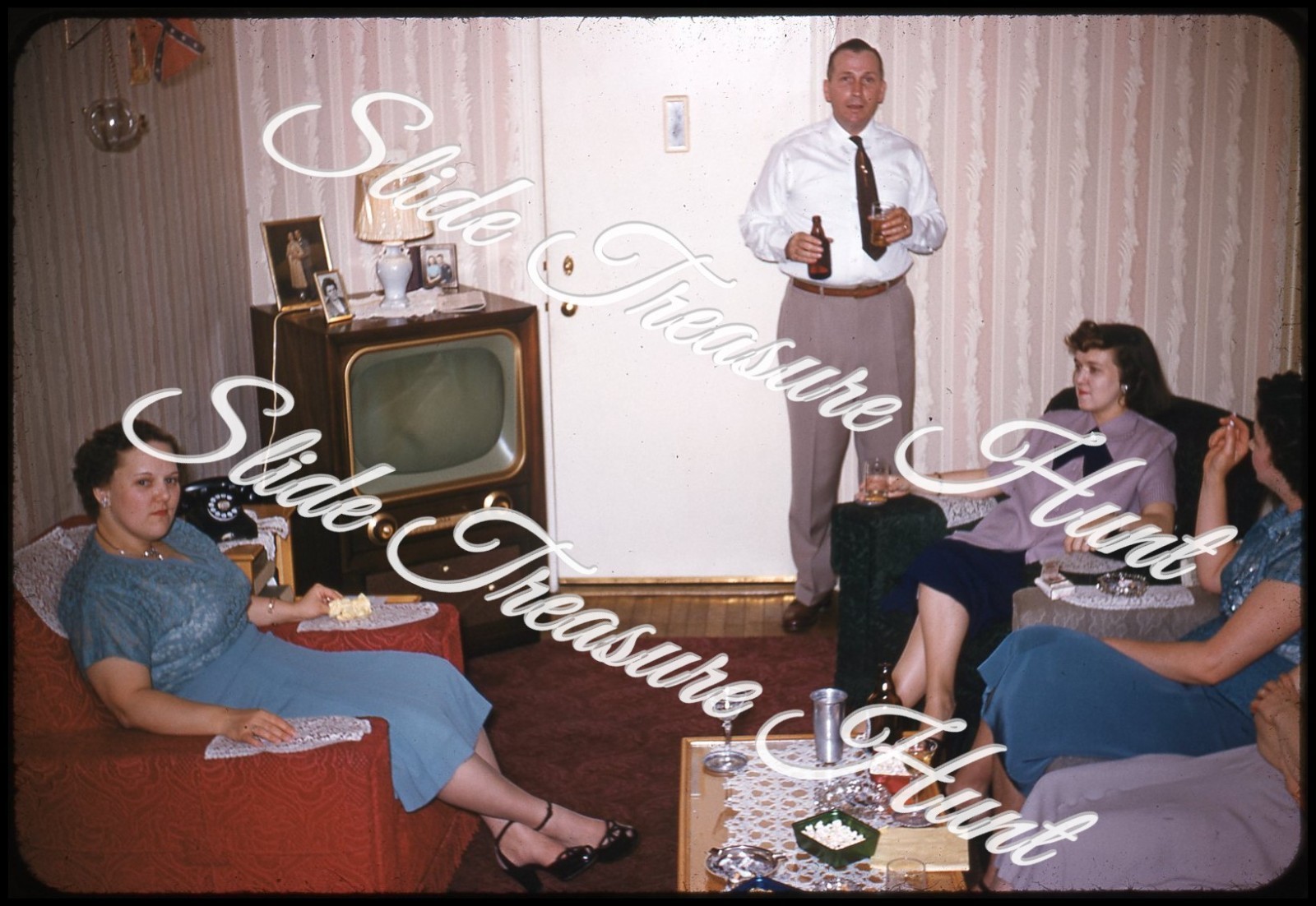 Men Women Smoking Cigarette Party 35mm Slide 1950s Red Border Kodachrome