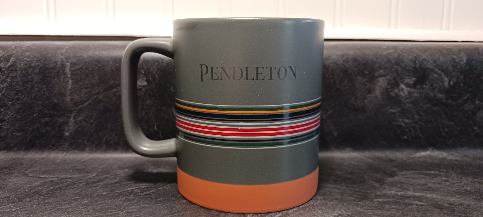 Pendleton Woolen Mills Dark Gray Classic Stripe Stoneware Coffee Cup 18 Oz