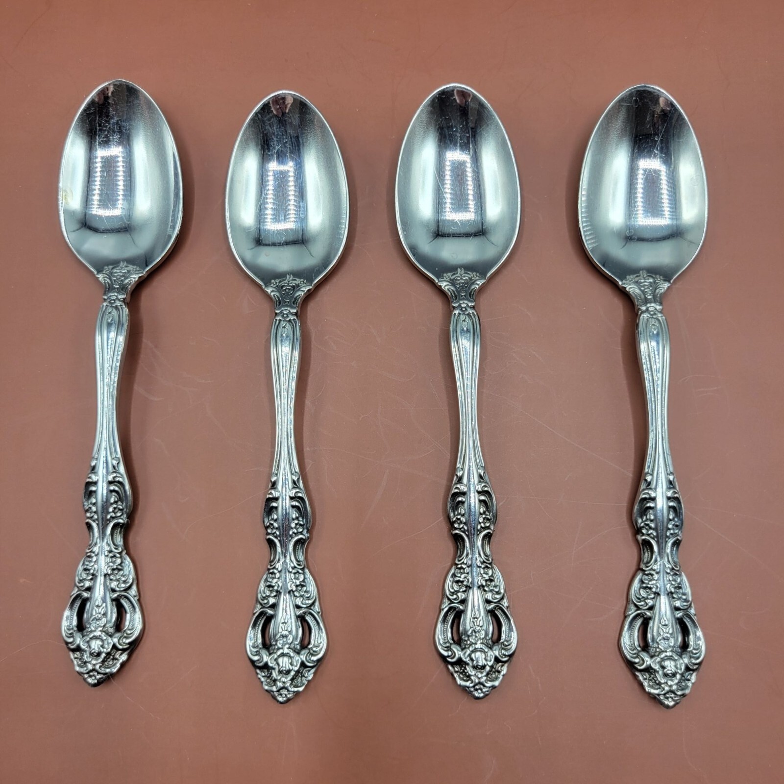 Vtg Set Of 4 Imperial Intl Chalmette Oval Soup Spoon Floral Design Korea 7 1/8in