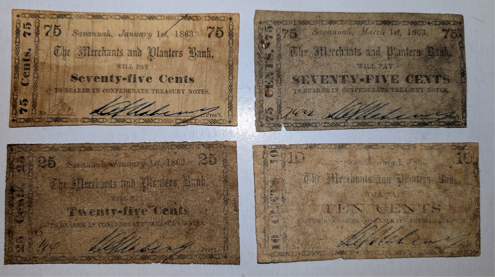 Four Different 1863 Merchants & Planters Bank Savannah Ga Fractional Notes