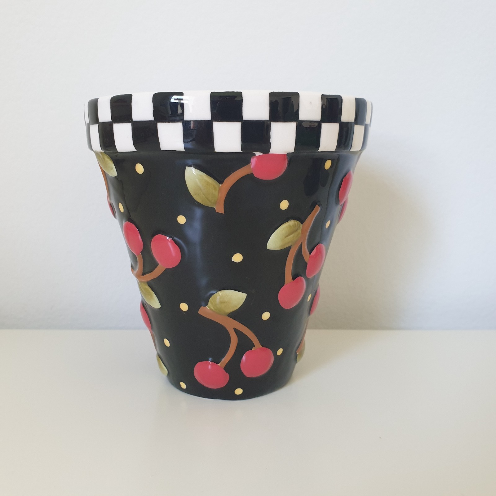 Mary Engelbreit Cherry Ceramic Flower Planter Pot Check Embossed Cherries Plant
