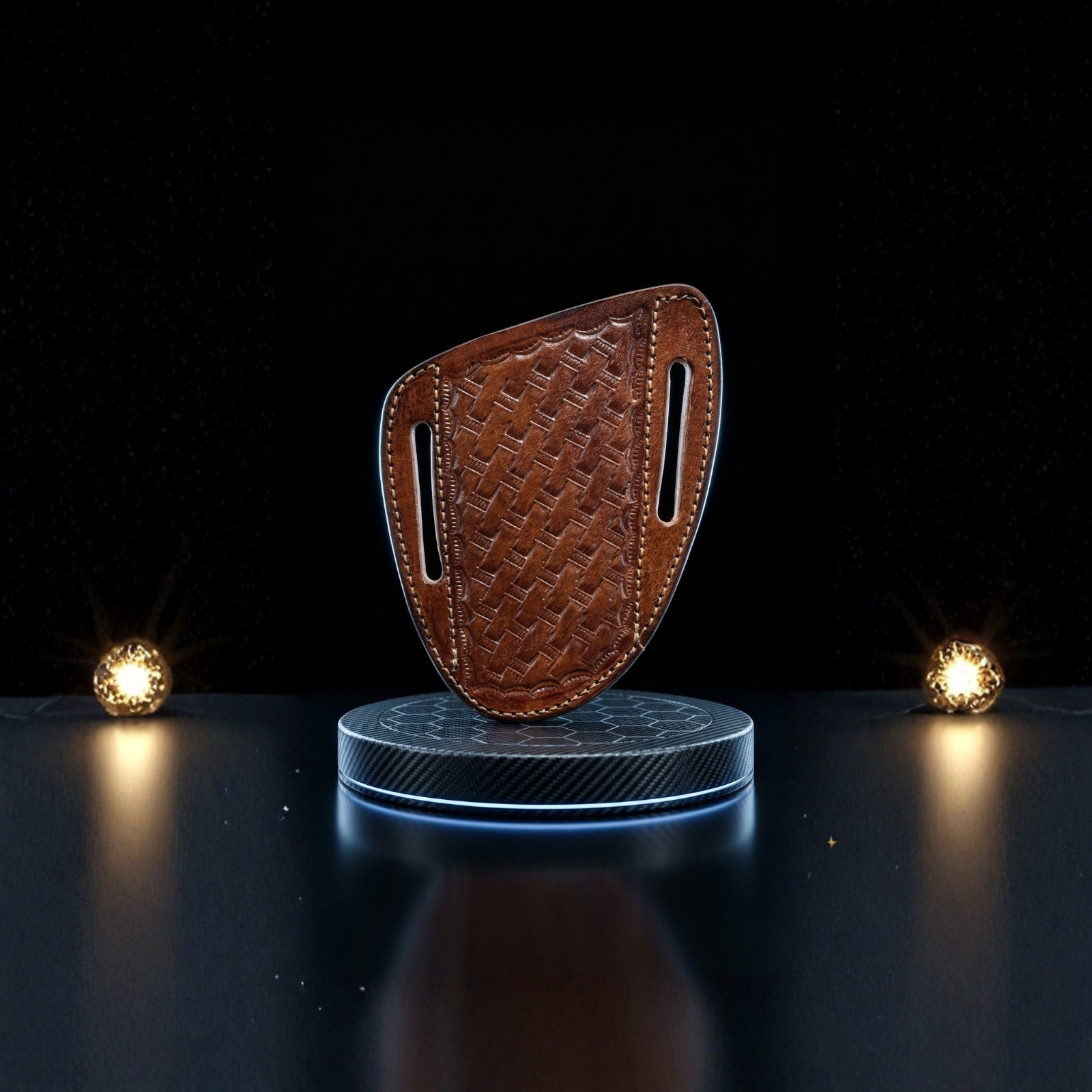 Handmade Brown Leather Knife Sheath Basketweave Pancake Belt Holster USA Armory