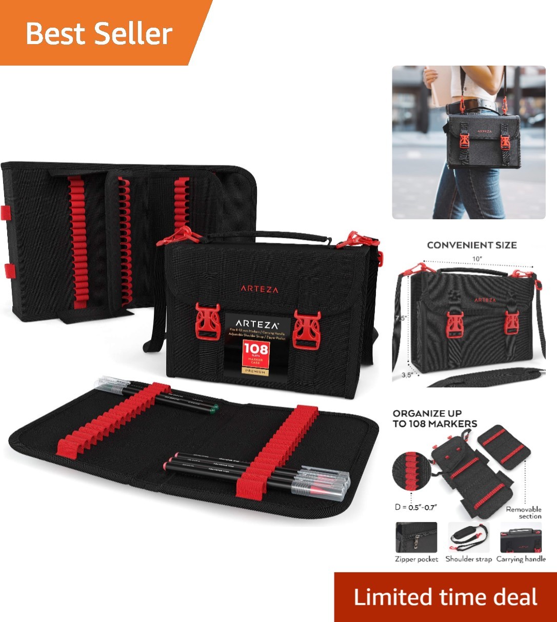 Stylish 108 Slot Marker Pen Case with Adjustable Strap for Easy Travel