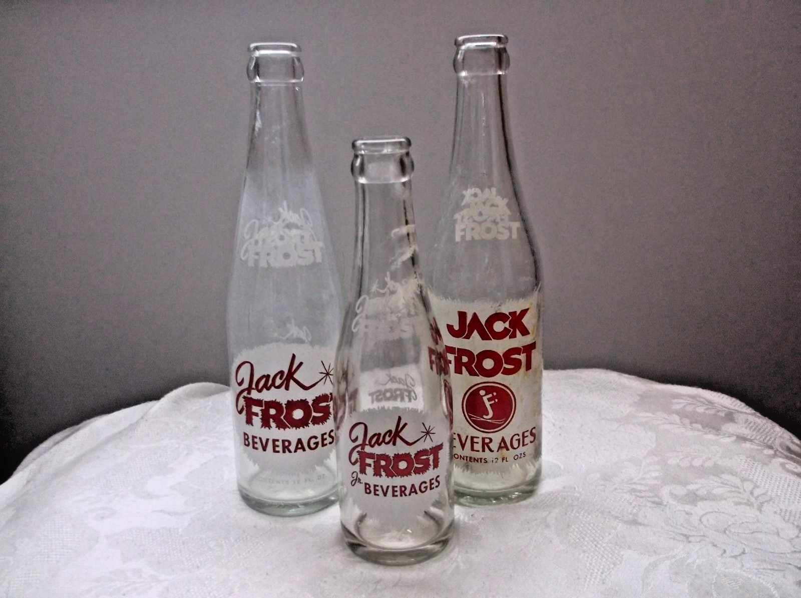 Vintage Lot of 3 Jack Frost Beverages ACL Soda Bottles 12 oz. & 7 oz.