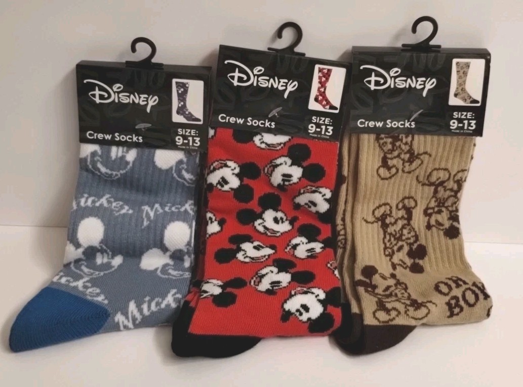 Disney Mickey Mouse Crew Socks Size 9-13 New w/ Tags Blue Red & Brown -3 Styles