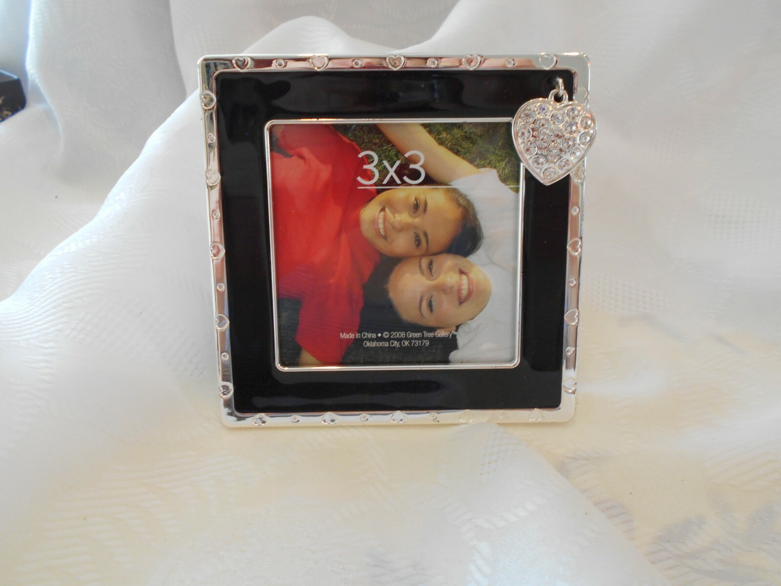 GREEN TREE GALLERY- 3X3” 4X4” TOTAL BLACK /SILVER TONE BEJEWELED HEART FRAME